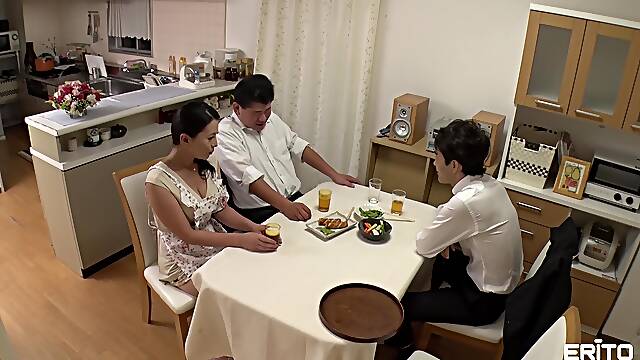 Loud Japanese home threesome after hubby agrees on sharing his wife