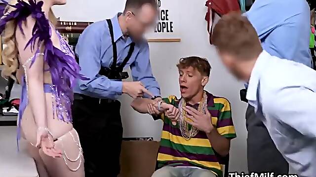 Busty thief milf blowbanged in the backroom