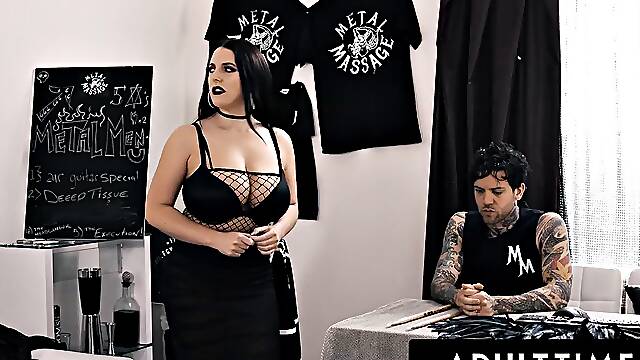 Big-Titted All-Natural Goth Angela White Drenches Her Thick Booty in Slick Oil While Sheer Fishnet