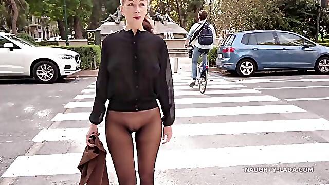 Shameless babe went out wearing sheer pantyhose and no panties, because it excites her a lot