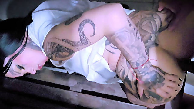 Risky Sex on the Balcony Gothic Babe in White Takes Hard Cock with People Nearby