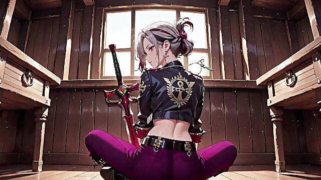 Silver-haired Pirate Queen! Sun-drenched Ship Cabin, Navy Uniform Slightly Damp, Kneeling with a Teasing Gaze.