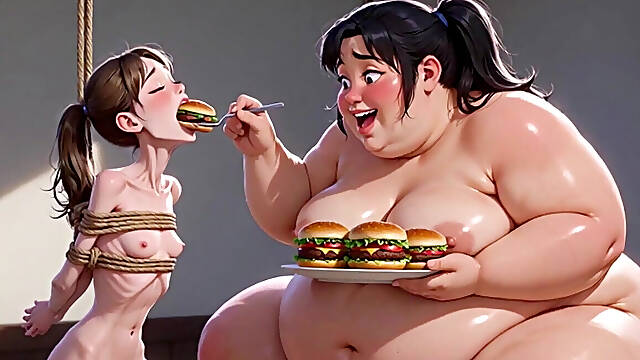 Weight Gain Humiliation - Fat Woman Stuffing Skinny Feedee